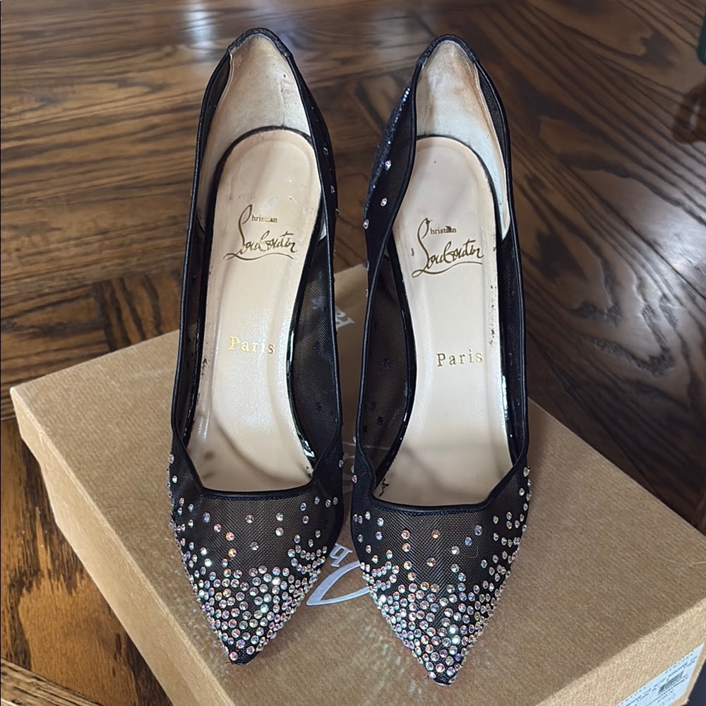 Christian Louboutin Follies Black Heels with Crystal Accents 39
